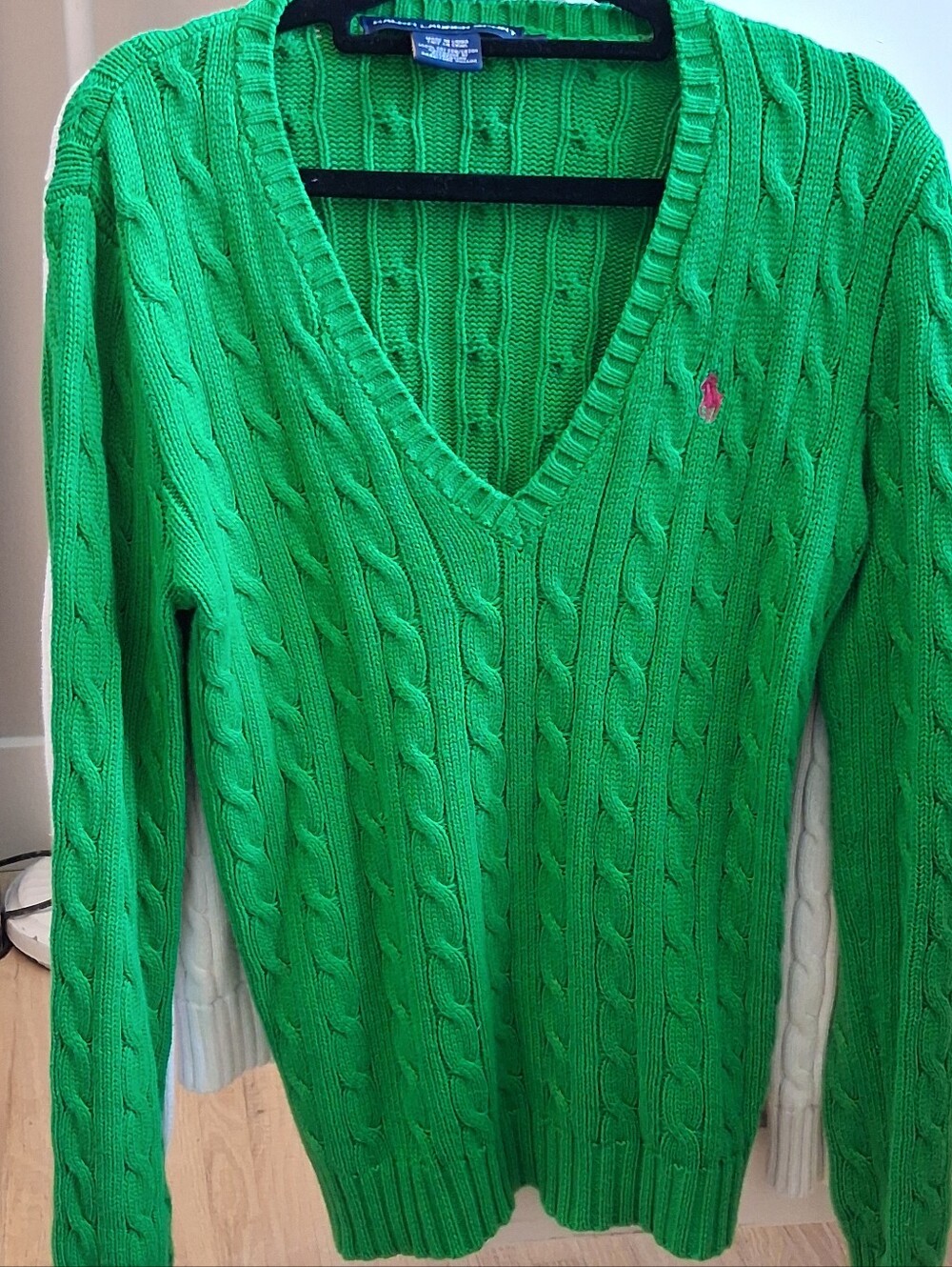 Ralph Lauren Sport Kelly Green Cotton Cable-Knit V-Neck Sweater M